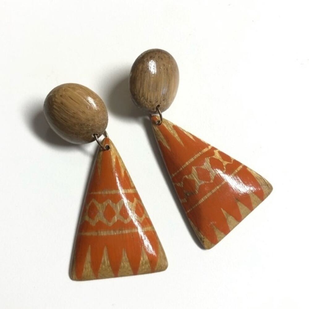 Vintage Wood Boho Triangle Long Dangle Earrings